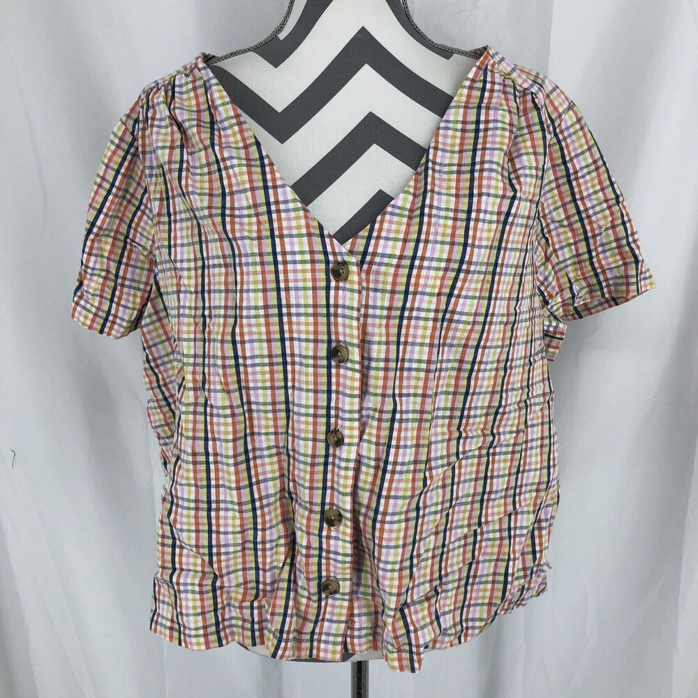 a.n.a Pink Blue Orange Plaid Short Sleeve Boxy Fit Button Up Shirt 1X NWT